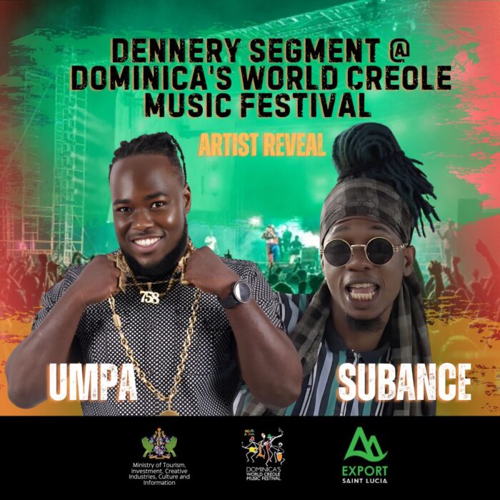 Saint Lucia's Dennery Segment artists Umpa and Subance performing at Dominica's 24th World Creole Music Festival 2024