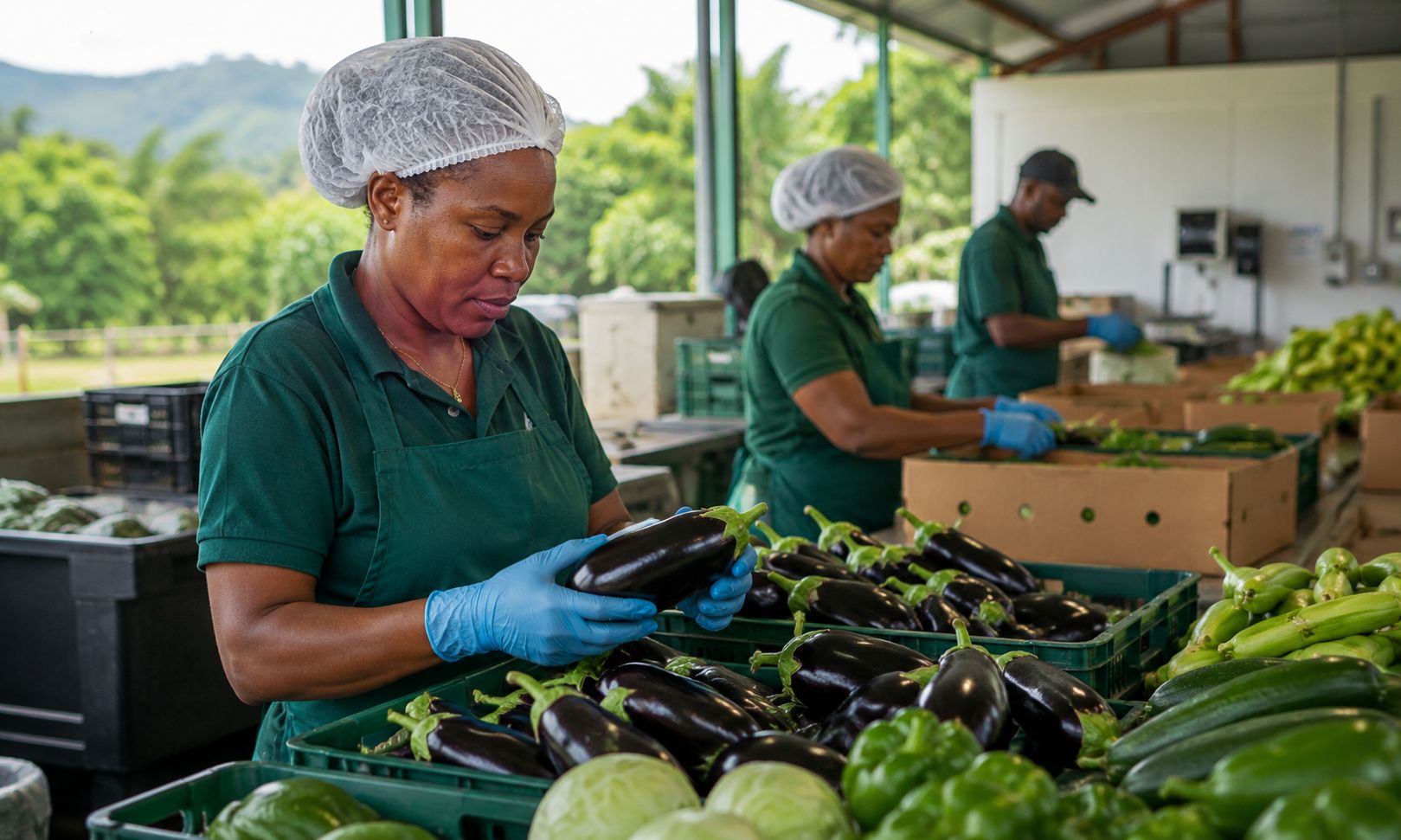 Pack house workers preparing fresh produce for export