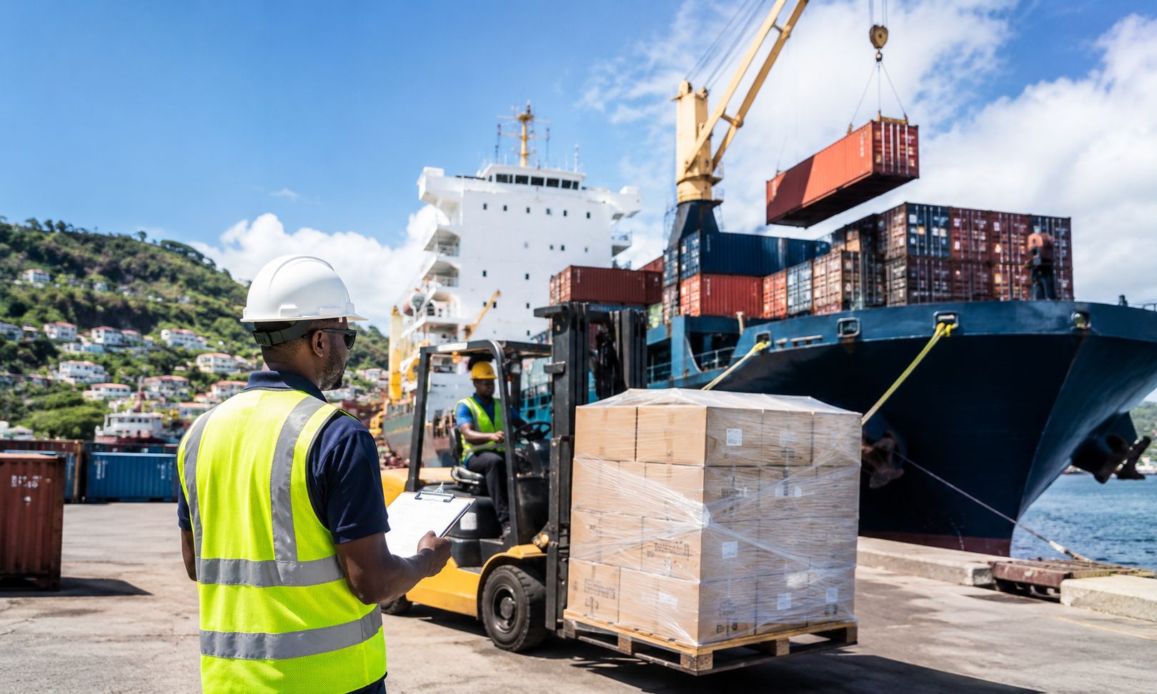 Cargo containers and port operations representing trade information